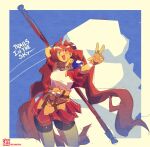  1990s_(style) :d ahoge armor artist_logo artist_name bike_shorts bike_shorts_under_skirt black_bike_shorts black_shorts blue_sky bo_staff border brown_gloves can3ko cloud copyright_name cropped_jacket eiyuu_densetsu english_commentary estelle_bright fingerless_gloves floating_hair gloves hair_intakes high_collar highres holding holding_behind_back holding_staff holding_weapon holding_weapon_behind_back jacket logo long_hair open_clothes open_jacket open_mouth orange_hair outside_border pauldrons red_eyes red_jacket red_skirt retro_artstyle shirt shirt_tucked_in short_sleeves shorts shorts_under_skirt shoulder_armor single_pauldron skirt sky smile sora_no_kiseki staff twintails twitter_username upper_body v very_long_hair weapon white_border white_shirt 