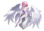  1girl absurdres bare_shoulders breasts cleavage commentary detached_sleeves dress feathered_wings finger_to_mouth full_body gasekun hair_intakes hair_ornament hand_on_own_chest high_heels highres knee_up large_breasts long_sleeves looking_at_viewer medium_hair mole mole_on_breast multiple_wings pink_eyes pink_hair pointy_ears remielle_dan shushing simple_background sitting smile solo stone_pillar tassel thighhighs untranslatable_commentary white_background white_dress white_sleeves white_thighhighs white_wings wings zenless_zone_zero 