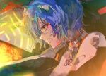  1girl angry ayanami_rei blue_hair bodysuit breasts commentary_request dan_(syet) from_side hair_between_eyes highres interface_headset_(evangelion) mecha_pilot_suit neon_genesis_evangelion plugsuit_(evangelion) red_eyes short_hair solo white_bodysuit 