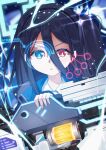  1girl aqua_halo aris_(blue_archive) black_hair black_hairband blue_archive blue_eyes blue_pupils commentary_request double-parted_bangs dual_persona electricity gun hair_between_eyes hairband halo heterochromia highres holding holding_gun holding_weapon kei_(aris)_(blue_archive) kei_(blue_archive) light_particles long_hair long_hair_between_eyes looking_at_viewer loosely_tucked_bangs multi-source_commentary nose_shade one_side_up parted_lips pink_pupils powering_up punisher_art railgun rectangular_halo red_eyes ringed_eyes solo straight-on upper_body v-shaped_eyebrows weapon 