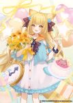  1girl 2026 :d ahoge animal_ears balloon birthday_cake blue_capelet bouquet box brown_eyes cake capelet commentary_request dress flower food frilled_dress frills gift gift_box happy_birthday heart_balloon hugging_object long_hair looking_at_viewer nyamamugi_tart nyantasia official_art orange_sailor_collar pocket_watch rose sailor_collar sailor_dress smile solo sunflower suzumori_uina tail two_side_up very_long_hair virtual_youtuber watch white_dress white_flower yellow_flower yellow_rose 