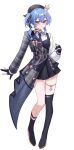  1girl absurdres asymmetrical_footwear asymmetrical_sidelocks belt beret black_boots blue_choker blue_eyes blue_hair blush boots breasts choker chrispy_tuna commentary crown english_commentary full_body gloves hat highres hololive hoshimachi_suisei hoshimachi_suisei_(14th_costume) jacket jewelry looking_at_viewer multiple_belts necktie official_alternate_costume partially_fingerless_gloves plaid_clothes plaid_jacket ribbon shirt side_ponytail sidelocks single_thigh_boot small_breasts smile solo star_(symbol) star_choker star_in_eye starry_sky_print symbol_in_eye thigh_boots thighlet uneven_footwear vest virtual_youtuber white_background white_shirt 