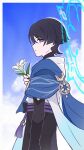  1boy arm_at_side armor belt black_belt black_bow black_bridal_gauntlets black_eyes black_hair black_shorts blue_cape blue_halo blue_sky blunt_ends border bow bridal_gauntlets bright_pupils cape choppy_bangs closed_mouth cloud cloudy_sky commentary expressionless eyeliner flower from_side furisode genshin_impact halo halo_behind_head hand_up highres holding holding_flower japanese_armor japanese_clothes kimono kote kurokote looking_at_viewer makeup male_focus mandala pingfanhh profile purple_sash red_eyeliner sash scaramouche_(genshin_impact) short_sleeves shorts side_cape sideways_mouth sky solo tassel untranslatable_commentary variant_set wanderer_(genshin_impact) white_border white_kimono white_pupils white_sleeves white_trim wolf_cut 