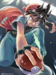  1boy angry backwards_hat baseball_cap black_gloves black_hair black_shirt blue_pants bow clenched_teeth commentary_request dated denim fingerless_gloves fingernails foreshortening gloves hair_bow hat highres holding holding_poke_ball jacket jeans kibisakura2 male_focus on_one_knee open_clothes open_jacket pants poke_ball poke_ball_(basic) pokemon pokemon_adventures red_(pokemon) red_eyes red_hat red_jacket shirt short_hair solo teeth twitter_username waist_poke_ball 
