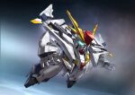  absurdres chibi chinese_commentary commentary_request flying full_body glowing glowing_eye green_eyes gundam gundam:_hathaway's_flash highres making-of_available mecha mecha_focus mobile_suit motion_blur no_humans outstretched_arms robot science_fiction sd_gundam solo v-fin xi_gundam zakuma 