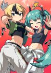  2girls :/ \m/ alice_gear_aegis aqua_hair arm_around_neck black_eyes black_hair blonde_hair blush bracelet breakdance breasts closed_eyes closed_mouth clothes_around_waist commentary_request glint gradient_background green_shirt hair_between_eyes happy hatsune_miku highres hug hug_from_side jacket jacket_around_waist jewelry layered_shirt long_hair looking_at_viewer midriff multicolored_hair multiple_girls musical_note navel open_mouth pants red_background shirt short_hair short_sleeves shuuzen_(shu-zen) sleeveless sleeveless_shirt small_breasts smile star_(symbol) tank_top tatsumi_ryuuko toned toned_female twintails two-tone_hair vocaloid w white_pants 