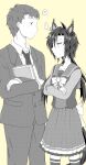  ... 1boy 1girl ? absurdres air_shakur_(umamusume) animal_ears blazer book bow bowtie closed_mouth collared_shirt commentary_request cowboy_shot crossed_arms eyebrow_piercing face_piercing frilled_skirt frills greyscale_with_colored_background highres holding holding_book horse_ears horse_girl horse_tail jacket long_hair long_sleeves looking_at_another necktie pants piercing pleated_skirt school_uniform shirt short_hair skirt smile spoken_ellipsis spoken_question_mark suit tail tomohisa tracen_school_uniform trainer_(umamusume) umamusume winter_uniform yellow_background 