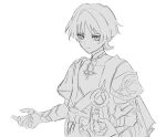  1boy armor blunt_ends bodysuit bow bridal_gauntlets chiila closed_mouth covered_collarbone feathers gem genshin_impact greyscale hair_intakes highres japanese_armor japanese_clothes juban kimono kote layered_sleeves looking_at_viewer male_focus mandarin_collar monochrome open_clothes open_hands open_kimono pom_pom_(clothes) portrait scaramouche_(genshin_impact) short_sleeves shoulder_peek side_cape sketch smile solo tsurime vision_(genshin_impact) wanderer_(genshin_impact) white_background wispy_bangs wolf_cut 