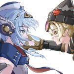  2girls absurdres android animal_ear_headwear beanie black_hat blonde_hair blue_cape blue_hair blue_hat breasts cape commentary english_commentary eye_contact genshin_impact goggles goggles_on_head hat highres ineffa_(genshin_impact) jahoda_(genshin_impact) looking_at_another mechanical_arms medium_breasts multiple_girls prosthesis prosthetic_arm robot_ears robot_girl short_hair single_mechanical_arm star-shaped_pupils star_(symbol) symbol-shaped_pupils white_background x_hat_ornament yichen 
