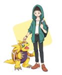  1boy armadimon black_pants brown_shoes claws commentary digimon digimon_(creature) digimon_adventure_02 gdn0522 green_eyes green_hoodie hida_iori highres hood hoodie male_focus open_clothes open_hoodie open_mouth pants shirt shoes short_hair tail two-tone_background untranslatable_commentary white_background white_shirt yellow_background 