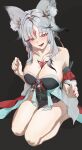 1girl absurdres animal_ear_fluff animal_ears bare_shoulders black_dress blush breasts chest_tattoo commentary denare_(ysry2252) dress fingernails forehead_tattoo fox_ears fox_girl hair_ornament highres hsin_(wuthering_waves) large_breasts looking_at_viewer nail_polish open_mouth orange_eyes red_nails seiza sitting smile solo tattoo thighs wuthering_waves 