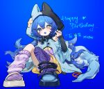  1girl animal_ears asymmetrical_footwear asymmetrical_legwear bandaid_on_hood bare_shoulders black_collar black_hood black_shoes blue_background blue_eyes blue_hair blue_hood blue_jacket blue_nails blue_tongue blush borrowed_character buttons chestnut_mouth chinese_commentary claw_pose collar colored_tongue commentary_request dress fake_animal_ears fangs full_body gift_art glitch hair_between_eyes happy_birthday heart highres hood jacket knees_up long_hair long_sleeves looking_at_viewer miyayoki nail_polish original purple_dress purple_socks sandals shoes single_claw_pose single_loose_sock single_thighhigh sitting skin_fangs sleeves_past_wrists socks solo split-color_clothes star_(symbol) thighhighs two-tone_dress very_long_hair white_shoes yellow_dress 