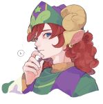  1boy animal_ears blue_eyes closed_mouth commentary_request cropped_shoulders curled_horns curly_hair earrings green_hat green_shirt hamal_(puyopuyo) hand_on_own_chin hand_up hat horizontal_pupils horns jewelry looking_at_viewer male_focus medium_hair purple_hat puyopuyo puyopuyo_quest red_hair sheep_boy sheep_ears sheep_horns shirt sideways_glance simple_background solo speech_bubble stroking_own_chin two-tone_hat urolo white_background 