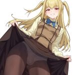  1boy ame_no_kisaki_academy_school_uniform ass_visible_through_thighs blonde_hair blue_bow blue_bowtie bow bowtie breasts brown_pantyhose brown_skirt brown_vest bulge clothes_lift commentary_request cowboy_shot crossdressing crossdressing_(mtf) crotch_seam from_below grin hair_between_eyes highres lifting_own_clothes long_hair long_sleeves looking_at_viewer looking_down loose_hair_strand male_focus maria_holic mobukichi mole mole_under_eye panties panties_under_pantyhose pantyhose red_eyes school_uniform shidou_mariya shirt simple_background skirt skirt_lift small_breasts smile solo standing trap two_side_up underwear vest white_background yellow_shirt 