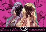  2girls aqua_outline artist_name back-to-back bare_arms bare_shoulders black_dress blonde_hair blue_eyes breasts butterfly_background butterfly_mask character_name cleavage closed_mouth commentary_request dress dress_flower drill_hair earrings english_text flower half_mask heart high_ponytail highres in-franchise_crossover jewelry light_smile lipstick long_hair long_sidelocks looking_at_viewer macross macross_delta macross_frontier makeup mask medium_breasts mikumo_guynemer multiple_girls outline pink_background pink_lips ponytail purple_hair purple_lips red_eyes ryu_(masu_nantoka-san) sheryl_nome side_drill sidelocks sleeveless sleeveless_dress upper_body white_dress 