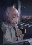  1girl absurdres animal_ears arknights black_choker blue_eyes bracelet choker cloak commentary cross cup eufi_(eufyhouse) extra_ears fox_ears fox_girl greek_cross grey_hair highres holding holding_cup hood hood_down hooded_cloak infection_monitor_(arknights) jewelry looking_outside material_growth medium_hair mug nib_pen_(object) night open_cloak open_clothes oripathy_lesion_(arknights) pen red_cross shooting_star smile solo steam sussurro_(arknights) 