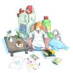  1girl absurdres bag_of_chips barefoot blue_eyes book bottle box bright_pupils child's_drawing closed_mouth coat collared_shirt controller crayon cup drink_carton english_commentary feet fish food for_dummies hat highres lab_coat looking_at_viewer milk_carton mug necktie nichijou orange_hair paper plate poster_(object) professor_shinonome red_necktie red_scarf refrigerator remote_control scarf shinonome_nano shirt simple_background sitting smile snowman solo table thabacavast white_background white_coat white_pupils white_shirt 