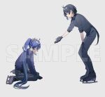  2girls absurdres black_gloves black_hair black_jacket black_pants blue_eyes blue_hair blue_jacket breasts closed_mouth commentary_request female_rover_(wuthering_waves) gloves grey_background guest_art hair_ribbon highres ice_skates iuno_(wuthering_waves) jacket kitou_saji laurel_crown long_hair low_ponytail medium_breasts multiple_girls offering_hand official_alternate_costume open_mouth pants ponytail ribbon rover_(wuthering_waves) sample_watermark simple_background skates smile watermark wuthering_waves yellow_eyes yellow_ribbon 