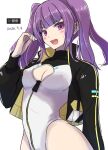  1girl alice_gear_aegis black_jacket black_thighhighs blunt_bangs breasts circle_cutout cleavage cleavage_cutout clothing_cutout commentary_request companion/af covered_collarbone dated front_zipper full-length_zipper highleg highleg_leotard ichijou_ayaka jacket kinsenka leotard medium_breasts multicolored_leotard purple_eyes purple_hair race_queen simple_background solo thighhighs turtleneck turtleneck_leotard twintails two-tone_leotard white_background white_leotard zipper zipper_leotard zipper_pull_tab 