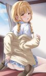  1girl absurdres ass blonde_hair blue_skirt blue_sky blush bow braid braided_twintails brown_cardigan brown_shoes cardigan cardigan_partially_removed commentary_request crotch_seam curtains fujita_kotone full_body gakuen_idolmaster hair_bow hand_on_own_ass hand_up highres idolmaster indoors long_hair long_sleeves looking_at_viewer looking_back microskirt minazuki_(uraha246) no_panties open_mouth panties plaid_clothes plaid_skirt pleated_skirt school_uniform shirt shoes sitting skirt sky solo turning_head underwear wariza white_bow white_panties white_shirt window yellow_eyes 