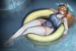  1girl absurdres aqua_eyes blue_one-piece_swimsuit blush breasts ccga17 chinese_commentary commentary_request covered_navel floating full_body headgear highres huge_breasts innertube long_hair looking_at_viewer midway_(warship_girls_r) one-piece_swimsuit one_eye_closed orange_hair pool solo swim_ring swimsuit thighhighs warship_girls_r wet wet_clothes wet_swimsuit wet_thighhighs white_thighhighs 