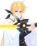  1girl ahoge bardiche_(nanoha) bardiche_(riot_blade_ii)_(nanoha) blonde_hair cape closed_mouth collared_cape commentary doggycene energy_sword fate_testarossa fate_testarossa_(impulse_form) gloves greatsword hair_intakes high_collar highres holding holding_sword holding_weapon long_hair long_sidelocks long_sleeves lyrical_nanoha mahou_senki_lyrical_nanoha_force red_eyes sidelocks simple_background single_glove solo straight_hair sword untranslatable_commentary upper_body v-shaped_eyebrows very_long_hair weapon white_background white_cape 