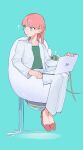  ! 1girl blue_background blue_eyes braid cable chair commentary_request computer floating floating_chair floating_object full_body green_eyes green_shirt hair_ornament high_heels highres jacket laptop long_hair non-humanoid_robot on_chair open_clothes open_jacket pant_suit pants parted_lips pink_hair pink_shoes puubot_(puyopuyo) puyopuyo puyopuyo_quest robot seo_(puyopuyo) shirt shoes simple_background suit turning_head urolo white_jacket white_pants 