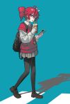 1girl backpack bag black_bag black_pantyhose black_shoes cellphone commentary_request drill_hair drink fingernails full_body grey_skirt highres holding holding_drink holding_phone kasane_teto loafers long_sleeves looking_at_viewer maimoku nail_polish pantyhose phone pleated_skirt puffy_long_sleeves puffy_sleeves red_hair red_sweater_vest shadow shirt shoes skirt smartphone solo sweater_vest twin_drills utau white_shirt 