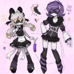  2girls cyn_(murder_drones) gaiters highres long_bangs mechanical_arms multiple_girls murder_drones prepare4surgery purple_background purple_hair robot_girl simple_background skirt socks uzi_(murder_drones) yuri 