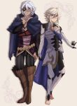  2boys barefoot black_pants blue_eyes boots brown_boots capelet closed_mouth commentary_request eyepatch fire_emblem fire_emblem_fates hair_between_eyes highres hood hood_down hooded_capelet looking_at_viewer male_corrin_(fire_emblem) male_focus multiple_boys neko_maru_1027 niles_(fire_emblem) pants pointy_ears red_eyes standing striped_clothes striped_pants vertical-striped_clothes vertical-striped_pants white_hair 