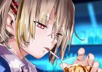  1girl alcohol bar_(place) blonde_hair blonde_streaks blurry blurry_background cigarette closed_mouth collared_shirt commentary_request cup dress_shirt eyes_visible_through_hair glass hair_between_eyes hair_ornament hairclip half-closed_eyes hand_up heaven_burns_red highres holding holding_cup ice ice_cube indoors kayamori_ruka light_smile looking_at_object multicolored_hair munakurasora nose parallel_hairclips portrait red_eyes shirt short_hair solo story_in_commentary streaked_hair tsurime whiskey white_shirt 