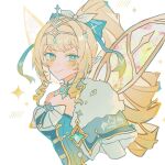  1girl anemo_symbol_(genshin_impact) aqua_eyes aqua_gem aqua_hair artist_name blonde_hair blue_bow blue_cape blue_dress blue_gem blush bow breasts bright_pupils butterfly_wings cape chest_bow circlet closed_mouth commentary_request detached_collar dress drill_hair drill_ponytail drill_sidelocks elbow_gloves eyelashes fur-trimmed_cape fur_trim gem genshin_impact gloves hair_bow hair_ribbon high_ponytail highres insect_wings long_hair looking_at_viewer medium_breasts multicolored_hair pointy_ears pom_pom_(clothes) ponytail reina_ine ribbon sidelocks simple_background single_bare_shoulder smile solo strapless strapless_dress streaked_hair tiara upper_body very_long_hair vesna_(genshin_impact) vision_(genshin_impact) white_background white_bow white_gloves white_pupils white_ribbon wing_collar wings 