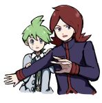  2boys cardigan collared_shirt cropped_torso green_hair grey_cardigan grey_eyes jacket long_hair long_sleeves looking_at_viewer male_focus multiple_boys open_cardigan open_clothes open_mouth parted_bangs pokemon pokemon_heartgold_and_soulsilver pokemon_omega_ruby_and_alpha_sapphire red_hair shirt short_hair silver_(pokemon) simple_background sweatdrop wally_(pokemon) white_background white_shirt zakku_(zkpkmn0) 