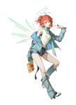  1girl absurdres alternate_costume arknights bike_shorts bike_shorts_under_shorts chips_(food) commentary_request crop_top cutoffs denim denim_jacket denim_leg_warmers denim_shorts detached_wings earrings energy_wings exusiai_(arknights) food food_wrapper full_body halo highres jacket jewelry korean_commentary looking_at_viewer midriff multiple_rings navel one_side_up orange_eyes pointing pointing_at_self potato_chips red_hair ring shorts simple_background single_off_shoulder solo stole szztzzs tank_top white_background white_tank_top wings 