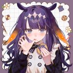  1girl absurdres ani_019 apron black_shirt blue_eyes blunt_bangs bow bowtie commentary cookie crumbs diamond_hairband food food_on_face gradient_hair highres holding holding_cookie holding_food hololive hololive_english licking licking_finger long_hair looking_at_viewer mole mole_under_eye multicolored_hair ninomae_ina'nis ninomae_ina'nis_(pastry_chef) official_alternate_costume orange_hair pointy_ears purple_bow purple_bowtie purple_hair shirt solo takodachi_(ninomae_ina'nis) tentacle_hair tongue tongue_out vest virtual_youtuber white_apron white_vest 