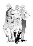  1boy alternate_costume armband belt boots bracelet clenched_hand closed_mouth collared_shirt crotchless crotchless_pants dio_brando earrings full_body greyscale high_heels highres jacket jewelry jojo_no_kimyou_na_bouken knee_pads leotard looking_at_viewer looking_to_the_side male_focus monochrome multiple_persona muscular muscular_male pants pectorals phantom_blood shirt shoes short_hair simple_background stardust_crusaders tinh_daubuoi topless_male vest white_background 