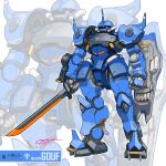  absurdres arm_shield arms_at_sides character_name commentary full_body gouf gundam highres holding holding_sword holding_weapon horns mecha mecha_focus mobile_suit mobile_suit_gundam no_humans ogyhara one-eyed_mecha original purple_eyes qr_code redesign robot science_fiction signature single_horn standing sword twitter_username untranslatable_commentary weapon zeon zoom_layer 