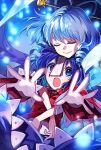  2girls :o blue_dress blue_eyes blue_hair blue_skirt closed_eyes commentary_request danmaku dress drill_hair drill_sidelocks frills glint hagoromo hair_ornament hair_rings hair_stick hug hug_from_behind jiangshi kaku_seiga katayama_kei looking_at_viewer midriff miyako_yoshika multiple_girls navel ofuda open_mouth outstretched_arms puffy_short_sleeves puffy_sleeves red_shirt shawl shirt short_hair short_sleeves sidelocks skirt smile touhou upper_body veil zombie_pose 