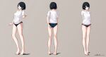  1girl arms_behind_back barefoot black_hair blue_panties blush brown_eyes collarbone commentary_request feet from_behind full_body grey_background multiple_views no_pants open_mouth original panties shirt short_hair short_sleeves signature simple_background smile standing t-shirt takimoto_nao toes underwear variant_set white_shirt 