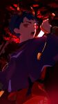  1boy autumn_leaves black_hair black_sash blue_cape cape commentary_request demon_horns fake_horns fangs from_behind hairband highres holding holding_sword holding_weapon horn_hairband horns japanese_clothes katana kimono leaf looking_at_viewer looking_back male_focus puyopuyo puyopuyo_quest red_background red_eyes red_horns red_kimono roquier_(onizamurai_senior)_(puyopuyo) roquier_(puyopuyo) sash sheath short_hair solo sword tassel tree unsheathing upper_body urolo weapon 