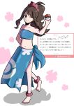  1girl ;) anklet bandeau barefoot blue_bandeau blue_eyes blue_sarong brown_hair closed_mouth collarbone commentary_request cosplay full_body hand_up highres hilda_(pokemon) holding holding_poke_ball jewelry long_hair navel one_eye_closed phoebe_(pokemon) phoebe_(pokemon)_(cosplay) poke_ball poke_ball_(basic) pokemon pokemon_black_and_white pokemon_ruby/sapphire/emerald sarong sidelocks smile standing toes white_background zakku_(zkpkmn0) 
