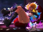  1girl ahoge arielle_(vtuber) black_boots black_collar black_shirt black_shorts blonde_hair blue_eyes boots breasts cleavage collar colored_inner_hair commentary crossed_legs dog english_commentary fishnet_pantyhose fishnets hair_ornament heart heart_ahoge highres indie_virtual_youtuber large_breasts legs liquid_hair long_hair looking_at_viewer luupiart multicolored_hair pantyhose platform_boots rainbow_hair shirt shorts smile solo strapless streaked_hair thighs torn_clothes torn_pantyhose torn_shirt triangular_eyewear tube_top virtual_youtuber white_tube_top x_hair_ornament 