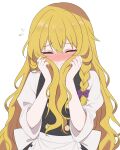  1girl apron back_bow black_skirt black_vest blonde_hair blush bow braid closed_eyes closed_mouth commentary_request embarrassed facing_viewer flying_sweatdrops hair_bow highres kirisame_marisa lips_creator777 long_hair missing_headwear purple_bow side_braid simple_background single_braid skirt solo touhou very_long_hair vest waist_apron white_apron white_background white_bow 