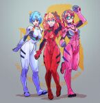  3girls arms_behind_back ayanami_rei blue_eyes blue_hair blue_hairband bodysuit breasts clenched_hands commentary_request evangelion:_2.0_you_can_(not)_advance glasses hairband highres holding_own_wrist interface_headset_(evangelion) long_hair looking_at_viewer makinami_mari_illustrious mecha_pilot_suit medium_breasts multiple_girls neon_genesis_evangelion nerv_logo open_mouth orange_hair pink_bodysuit plugsuit_(evangelion) rebuild_of_evangelion red-framed_eyewear red_bodysuit red_eyes sarad_udon short_hair smile souryuu_asuka_langley twintails v white_bodysuit 