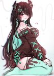  1girl absurdres alternate_color alternate_hair_color asymmetrical_horns black_hair black_horns black_nails blush breasts brown_hair brown_sweater cleavage closed_mouth colored_inner_hair commentary cross-laced_clothes cross-laced_sleeves cross-laced_sweater demon_horns english_commentary from_side full_body green_hair green_thighhighs hair_ribbon heart highres hololive hololive_english horns large_breasts long_hair looking_at_viewer mint_chocolate mokiemokki mole mole_under_eye multicolored_hair nail_polish nerissa_ravencroft off-shoulder_sweater off_shoulder red_eyes ribbed_sweater ribbon seiza simple_background sitting solo sweater thighhighs turning_head two-tone_hair uneven_horns virtual_youtuber white_background 