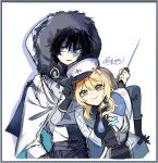  1boy 1girl aiguillette anemo_symbol_(genshin_impact) aqua_gem arm_at_side artist_name black_gloves black_hair black_shirt blonde_hair blue_cloak blue_flower blunt_ends border capelet chopgiu choppy_bangs clenched_hand cloak closed_mouth commentary contrapposto english_commentary eyelashes eyeliner flower fur-trimmed_cloak fur-trimmed_hood fur_trim gem genshin_impact gloves gold gold_trim grey_border grey_sleeves hair_between_eyes half-closed_eyes hand_up hat hat_tip highres holding_ice_pick hood hood_up hooded_cloak hoyofair leaning_forward long_sleeves lumine_(genshin_impact) makeup neck_tassel official_alternate_costume parted_lips peaked_cap purple_eyes red_eyeliner scaramouche_(genshin_impact) shaded_face shirt short_hair short_hair_with_long_locks sidelocks sketch star_(symbol) star_print tareme tassel two-sided_cloak two-sided_fabric vision_(genshin_impact) wanderer_(genshin_impact) wanderer_(nord_express)_(genshin_impact) white_background white_capelet white_cloak white_hat white_hood white_sleeves winter_clothes yellow_eyes 