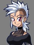  1girl breasts closed_mouth collarbone commentary ear_piercing english_commentary eyebrow_piercing face_piercing fishnets grey_background looking_at_viewer medium_hair mohawk original piercing portrait punk red_eyes robert_j_case sidelocks signature simple_background smile solo thick_lineart white_hair 