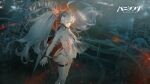  1girl absurdres bodysuit ferris_wheel floating floating_object floating_weapon glowing headgear highres long_hair looking_down luna:_laurel_(pgr) luna_(pgr) official_art orb punishing:_gray_raven second-party_source see-through_clothes solo twintails white_bodysuit white_hair yellow_eyes 