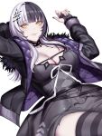  1girl absurdres arm_warmers arms_up black_arm_warmers black_choker black_dress black_hair black_jacket black_nails black_thighhighs blunt_bangs breasts choker cleavage closed_mouth dress fur-trimmed_hood fur-trimmed_jacket fur_trim grey_arm_warmers grey_thighhighs highres hololive hololive_english hood jacket kumiko_shiba lace-trimmed_choker lace_trim large_breasts long_hair multicolored_hair nail_polish open_clothes open_jacket shiori_novella simple_background smile solo split-color_hair striped_arm_warmers striped_clothes striped_thighhighs thighhighs two-sided_fabric two-sided_jacket two-tone_hair virtual_youtuber white_background white_hair yellow_eyes zettai_ryouiki 