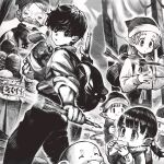  2boys 2girls 3others arrow_(projectile) backpack bag bald basket blood blurry blurry_background blush bread bright_pupils child closed_eyes closed_mouth coat collared_shirt commentary crossbow_bolt eating eyelashes facial_hair facing_another facing_up fantasy feet_out_of_frame food from_side fur-trimmed_coat fur_trim greyscale hair_between_eyes hair_ribbon hand_up hands_up hat highres holding holding_arrow holding_bag holding_food jun_(navigavi) long_hair long_sleeves looking_at_object looking_to_the_side making-of_available market medium_hair monochrome motion_blur motion_lines multiple_boys multiple_girls multiple_others mustache nose nose_shade old old_man original outdoors outstretched_arm pants parted_lips pointy_ears ribbon scarf shirt short_hair sleeves_rolled_up smile standing twintails upper_body 